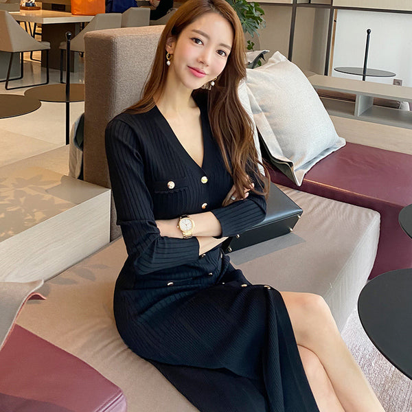 Temperament V-neck Slim Bottoms Sweater Long Skirt