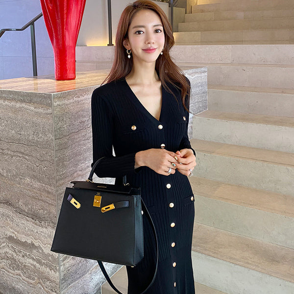 Temperament V-neck Slim Bottoms Sweater Long Skirt